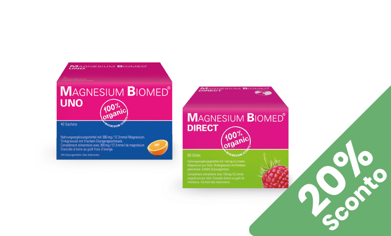 Magnesium Biomed® UNO & DIRECT. Per sostenere la funzionalità dei muscoli. In offerta in Farmacia Moderna Chiasso solo a Maggio 2024