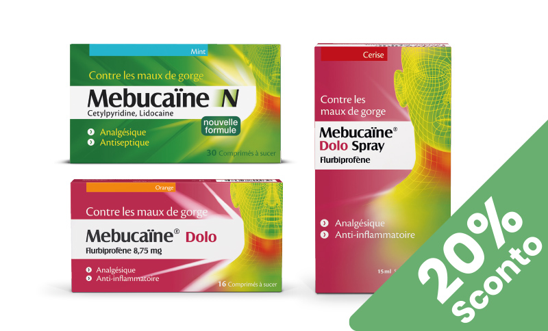 Mebucaïne® N + Mebucaïne® Dolo Allevia il mal di gola in offerta solo Gennaio 2025 presso farmacia Moderna