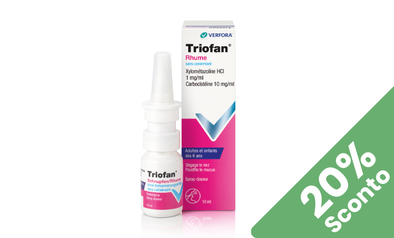 Triofan® Decongestiona il naso e scioglie il muco. In caso di raffreddore in offerta solo a Febbraio 2025 presso farmacia Moderna a Chiasso