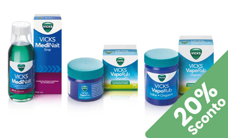 VICKS® Un inverno sereno per tutta la famiglia con VICKS®. In caso di raffreddore in offerta solo a Febbraio 2025 presso farmacia Moderna
