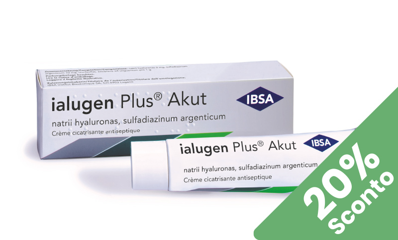 ialugen Plus® Akut Disinfetta e guarisce le ferite: abrasioni, ferite da taglio, vesciche e ustioni leggere. In offerta in Farmacia Moderna Chiasso solo a Luglio 2025.