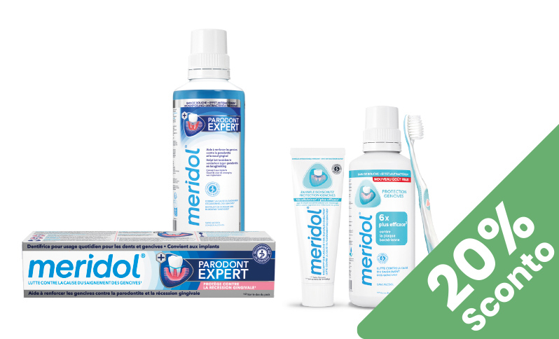 Meridol® Combatte il sanguinamento e rafforza le gengive contro la parodontite. In offerta in Farmacia Moderna Chiasso solo a Agosto 2025.