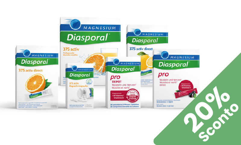 Magnesium-Diasporal® activ & pro Magnesio ad alto dosaggio per muscoli e nervi rilassati. Offerta Farmacia Moderna Chiasso a Settembre 2025.