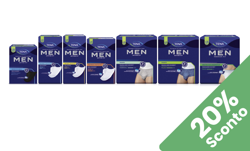 Tena Men® Massima discrezione. Specifici per gli uomini. In Offerta in Farmacia Moderna a Chiasso solo ad Ottobre 2025.