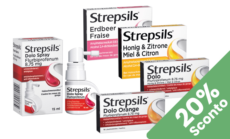 Strepsils® allevia mal di gola e irritazione grazie alla sua azione antibatterica. In offerta Farmacia Moderna Chiasso, solo dicembre 25.