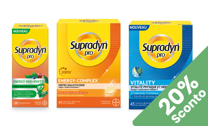 Supradyn Pro® integratore multivitaminico che dona energia e supporta difese. In offerta Farmacia Moderna Chiasso, solo nov 25.