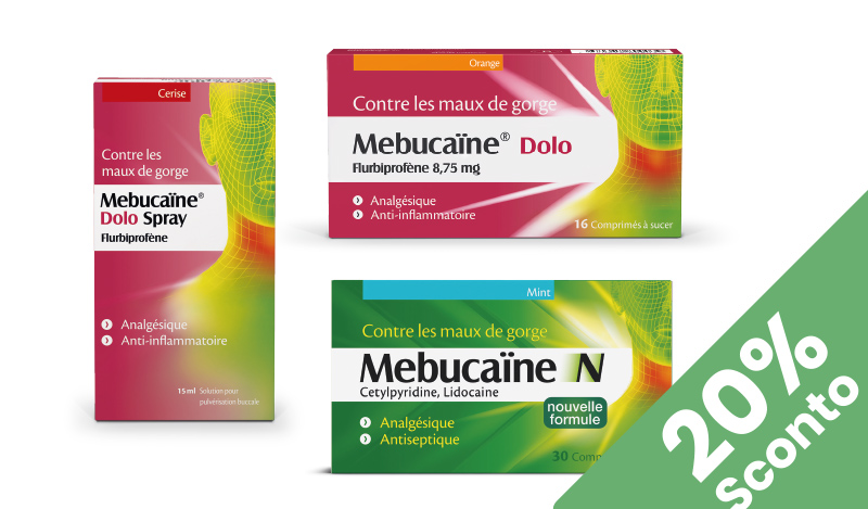 Mebucaïne® N + Mebucaïne® Dolo alleviano il mal di gola e l’irritazione. In offerta Farmacia Moderna Chiasso, solo Gennaio 2026.