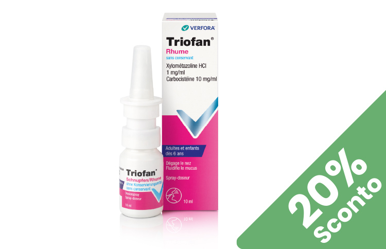Triofan® Raffreddore aiuta a liberare il naso chiuso e ridurre l’irritazione nasale. In offerta Farmacia Moderna Chiasso, solo Gennaio 2026.