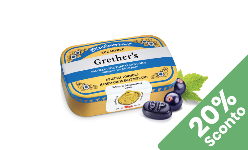 Grether’s® pastiglie senza zucchero al ribes nero leniscono gola e voce. In offerta Farmacia Moderna Chiasso, Febbraio 2026.