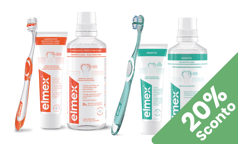 Elmex protegge denti e smalto dalla carie e rinforza la salute orale quotidiana. In offerta Farmacia Moderna Chiasso, Marzo 2026.