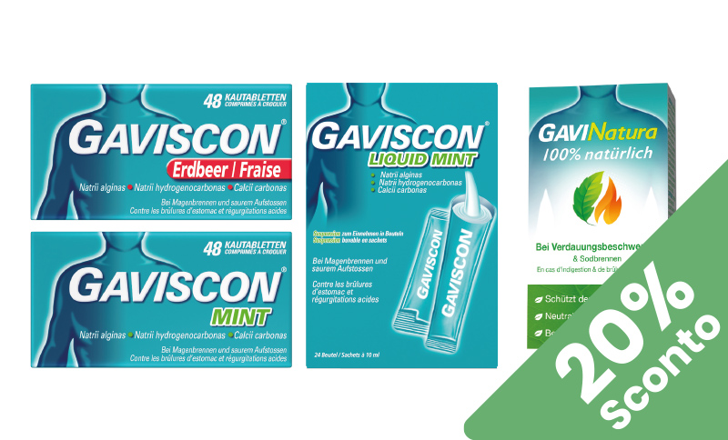 Gaviscon® aiuta a ridurre bruciore e acidità di stomaco. In offerta Farmacia Moderna Chiasso, Aprile 2026.