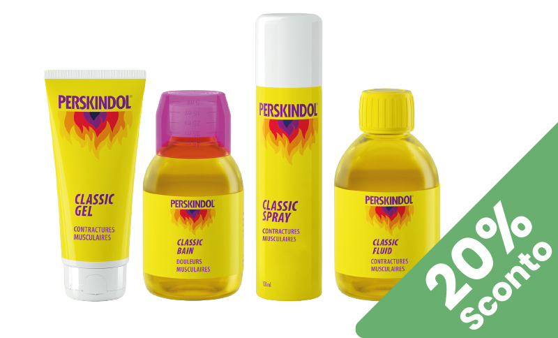 Perskindol Classic Gel, Fluid, Spray e Bagno donano sollievo a muscoli e articolazioni. In offerta Farmacia Moderna Chiasso, Aprile 2026.