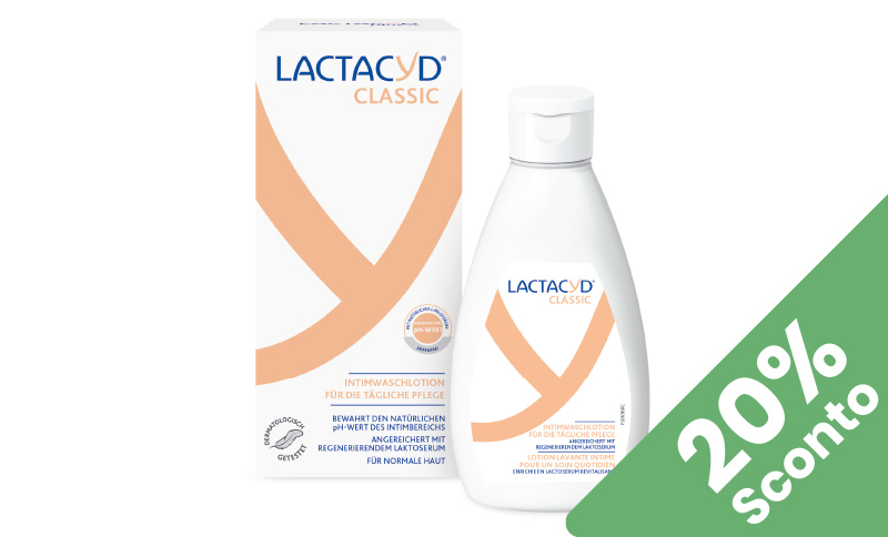 Lactacyd® detergente intimo delicato che rispetta il pH naturale. In offerta Farmacia Moderna Chiasso, Maggio 2026.