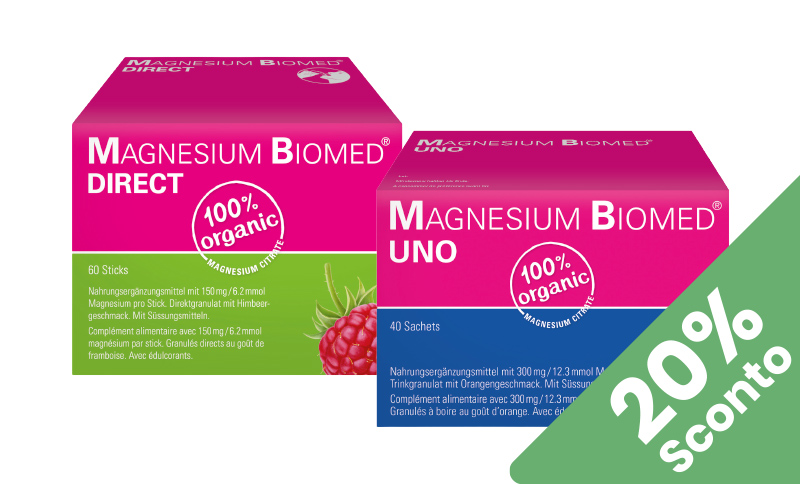 Magnesium Biomed® UNO e DIRECT supportano muscoli ed energia quotidiana. In offerta Farmacia Moderna Chiasso, Maggio 2026.