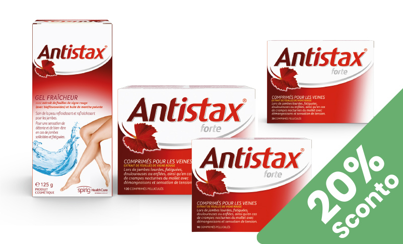 Antistax® forte e Gel fresco aiutano a donare sollievo a gambe stanche e pesanti. In offerta Farmacia Moderna Chiasso, Agosto 2026.