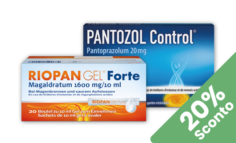 Riopan Gel® Forte e Pantozol Control® aiutano contro acidità e bruciore di stomaco. In offerta Farmacia Moderna Chiasso, Luglio 2026.