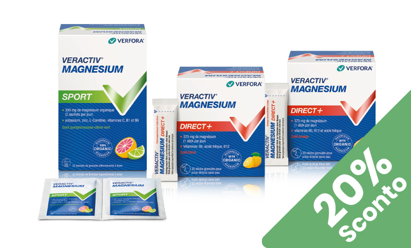 Veractiv® Magnesium supporta energia e funzionalità muscolare. In offerta Farmacia Moderna Chiasso, Agosto 2026.