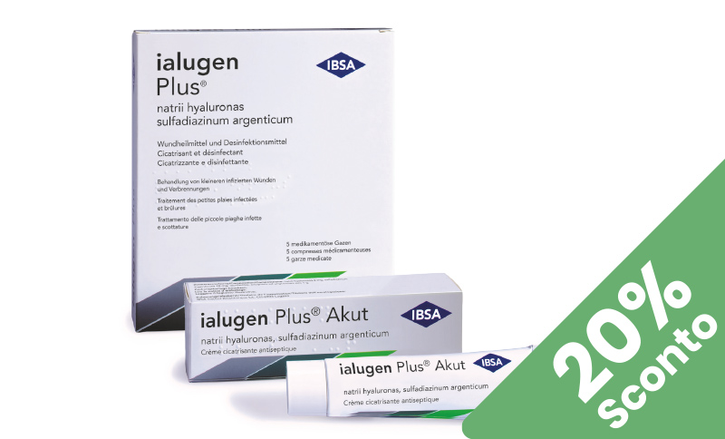 ialugen Plus® Akut favorisce la protezione e la guarigione della pelle. In offerta Farmacia Moderna Chiasso, Luglio 2026.