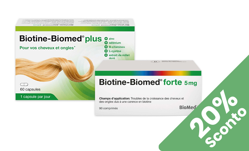 Biotine-Biomed® plus e forte 5 mg per il benessere di capelli e unghie. In offerta Farmacia Moderna Chiasso, Settembre 2026.