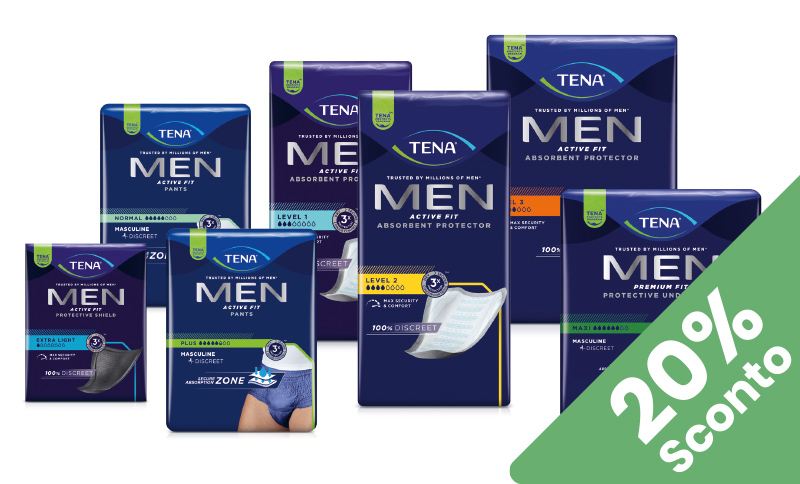 TENA Men assorbenti e Pants offrono protezione e discrezione per le perdite urinarie. In offerta da Farmacia Moderna Chiasso solo Ottobre 26